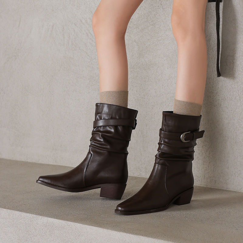 Women's Genuine Leather Western Boots Winter Slouchy Square Toe Block Heel Mid-Calf Boots