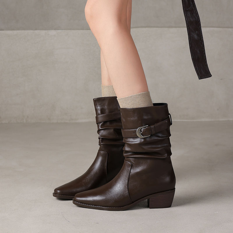 Women's Genuine Leather Western Boots Winter Slouchy Square Toe Block Heel Mid-Calf Boots