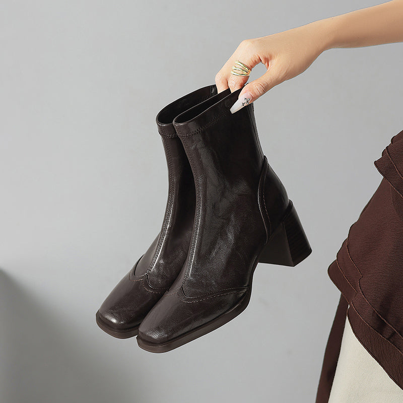Women’s Square Toe Block Heel Ankle Boots – Stylish Back Zip Design