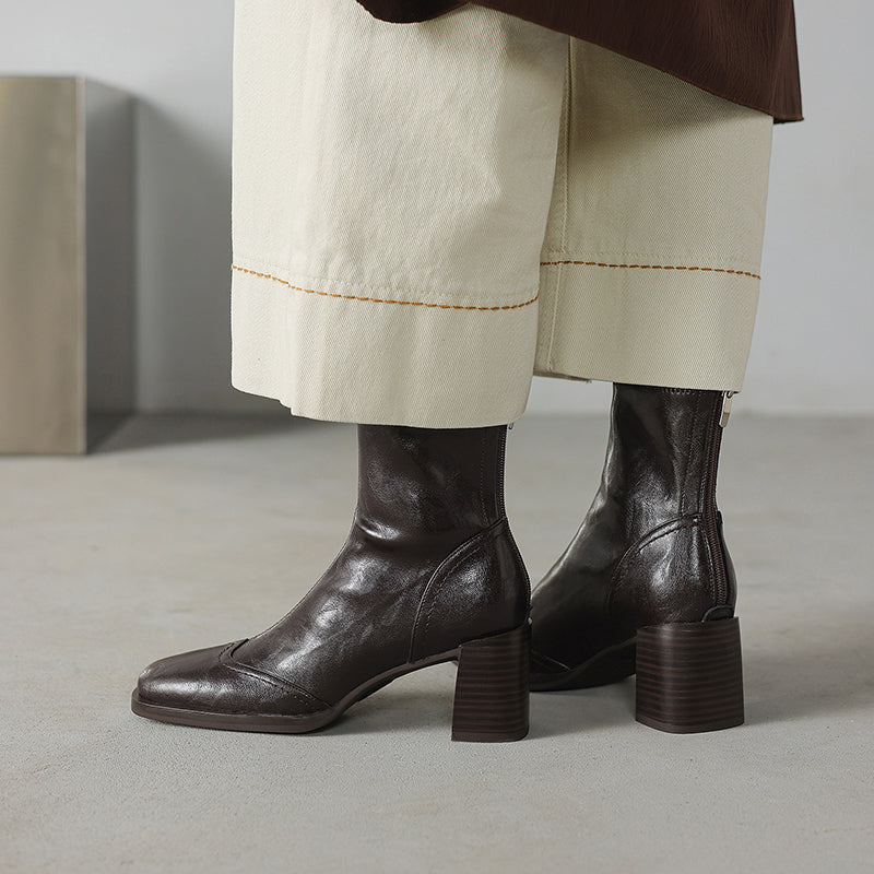 Women’s Square Toe Block Heel Ankle Boots – Stylish Back Zip Design