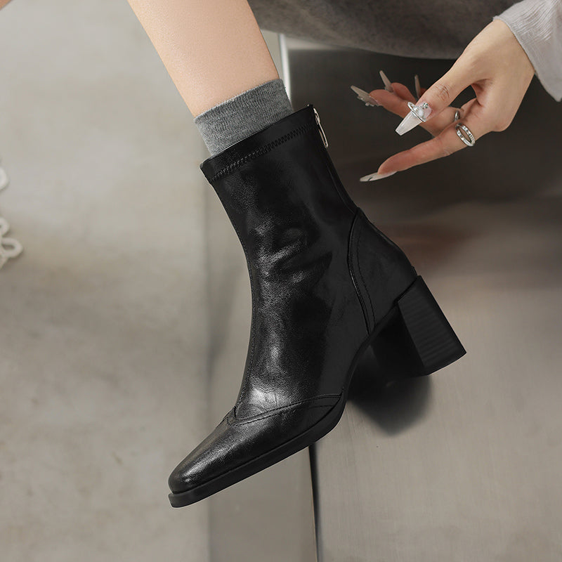 Women’s Square Toe Block Heel Ankle Boots – Stylish Back Zip Design