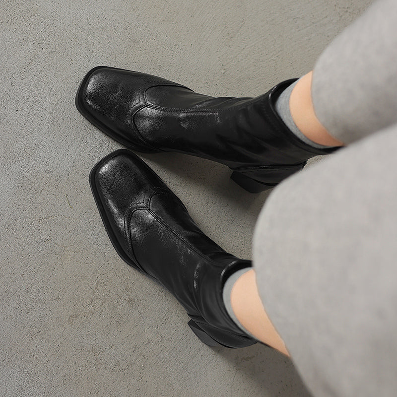 Women’s Square Toe Block Heel Ankle Boots – Stylish Back Zip Design