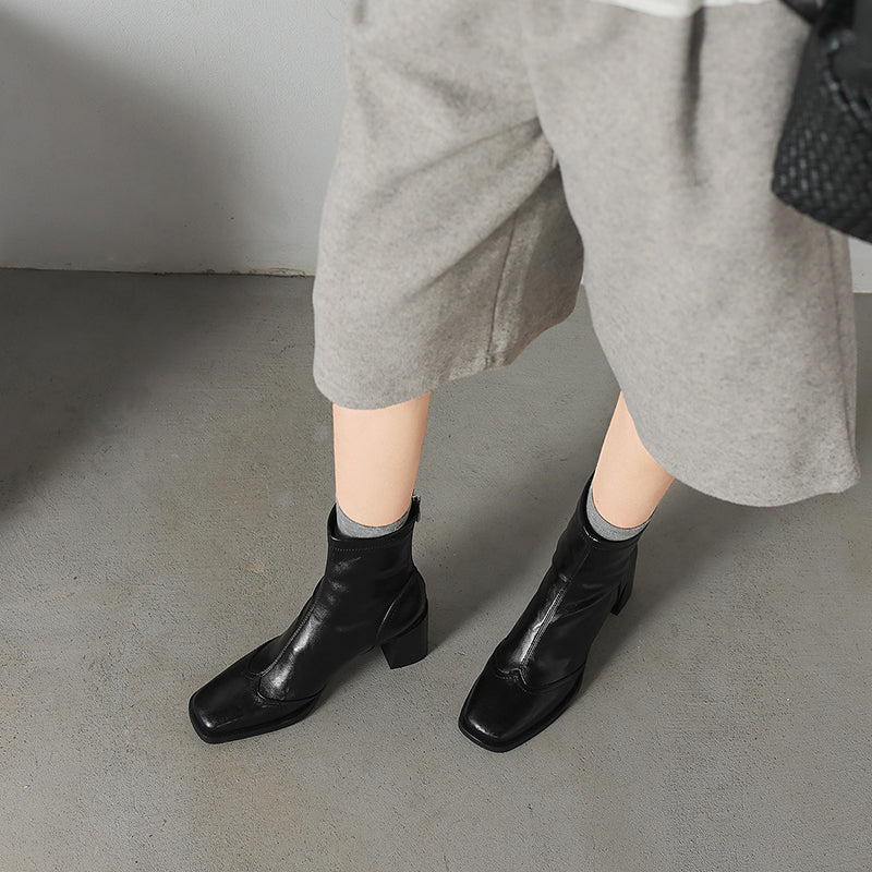 Women’s Square Toe Block Heel Ankle Boots – Stylish Back Zip Design