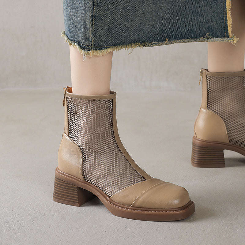 Women's Summer Square Toe Leather Platform Chunky Heeled Mesh Boots
