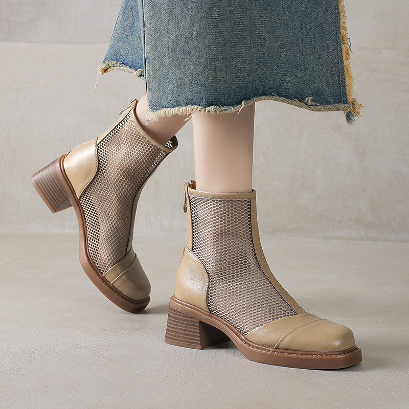 Women's Summer Square Toe Leather Platform Chunky Heeled Mesh Boots