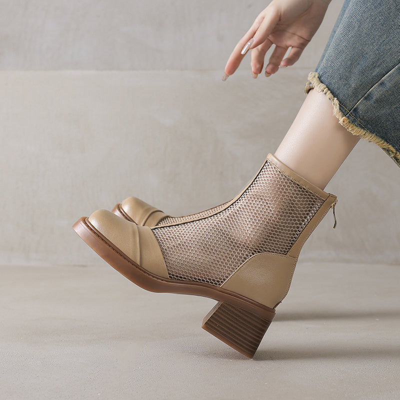 Women's Summer Square Toe Leather Platform Chunky Heeled Mesh Boots