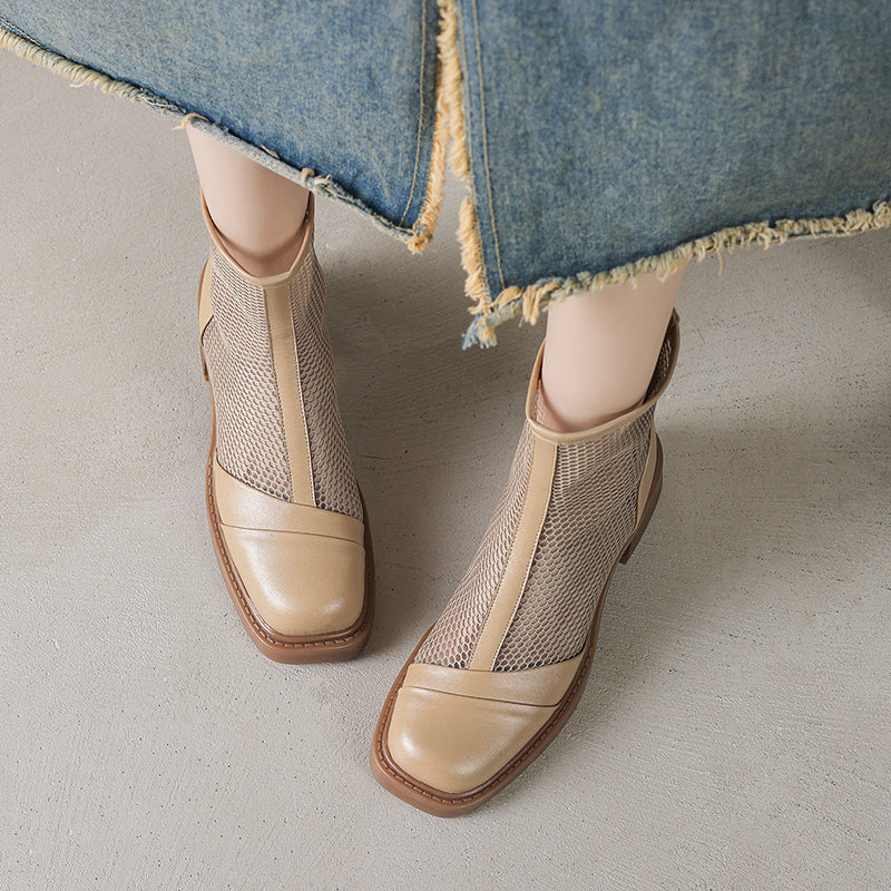 Women's Summer Square Toe Leather Platform Chunky Heeled Mesh Boots