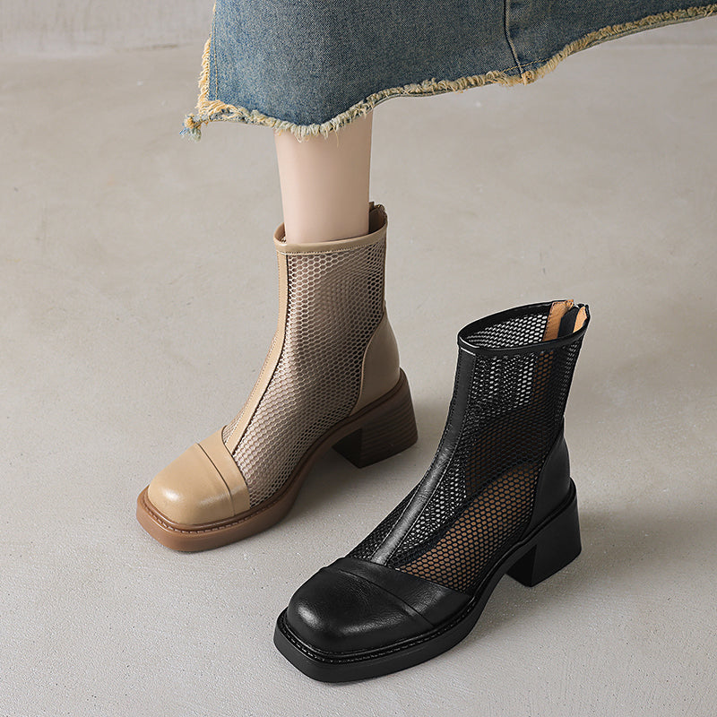 Women's Summer Square Toe Leather Platform Chunky Heeled Mesh Boots
