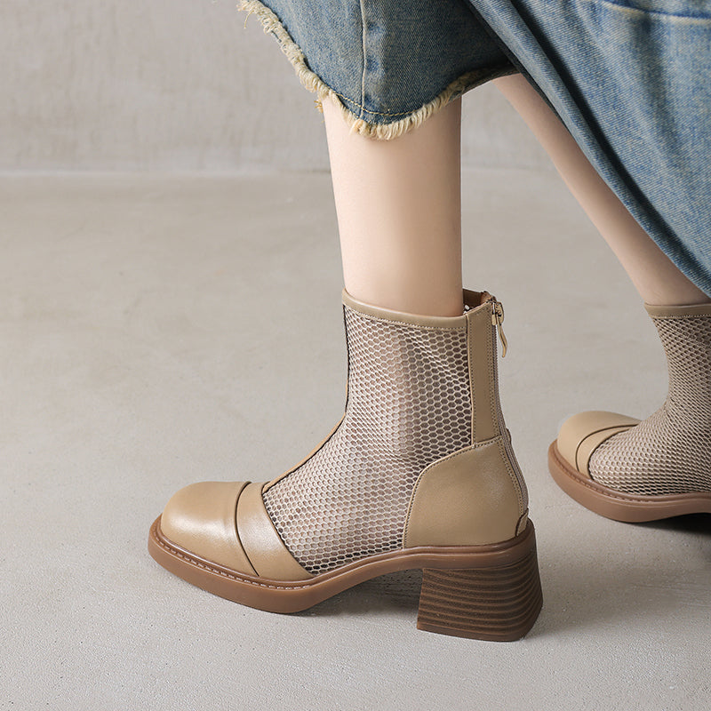 Women's Summer Square Toe Leather Platform Chunky Heeled Mesh Boots