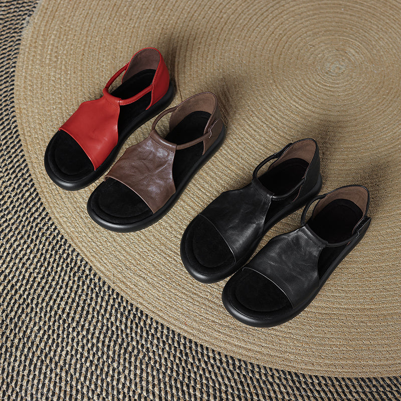 Open-toe Artisanal Washed Leather Summer Sandals - Ultra-Soft Sheepskin Velcro Straps - Retro Comfort Shoes