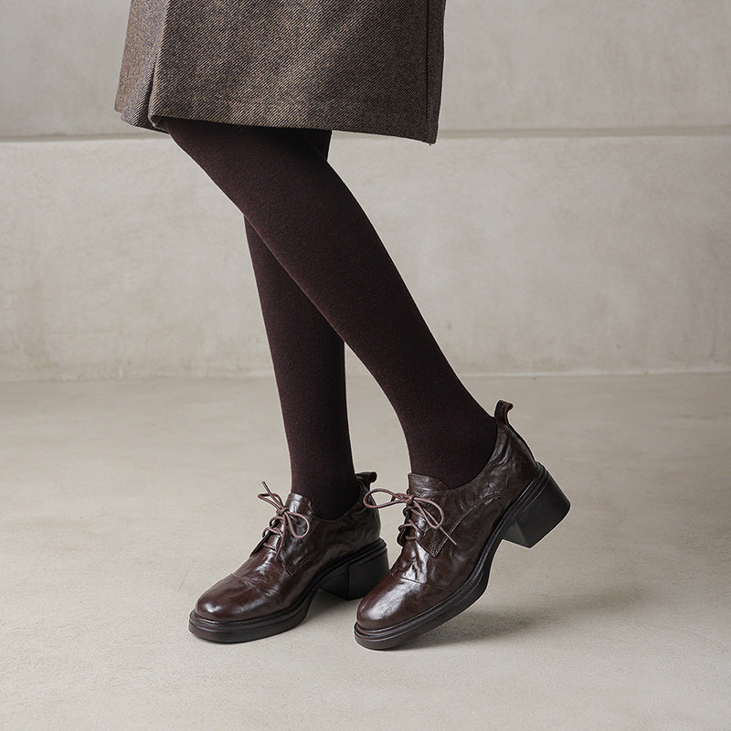 Women's Sheepskin Oxford Shoes - Sophisticated Round Toe Block Heels