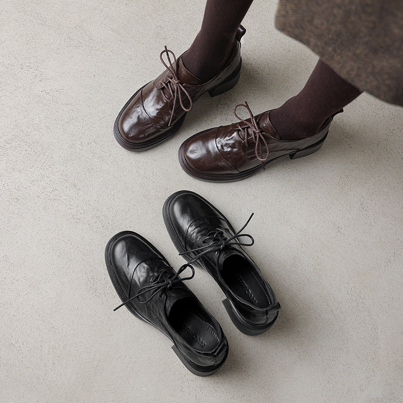 Women's Sheepskin Oxford Shoes - Sophisticated Round Toe Block Heels