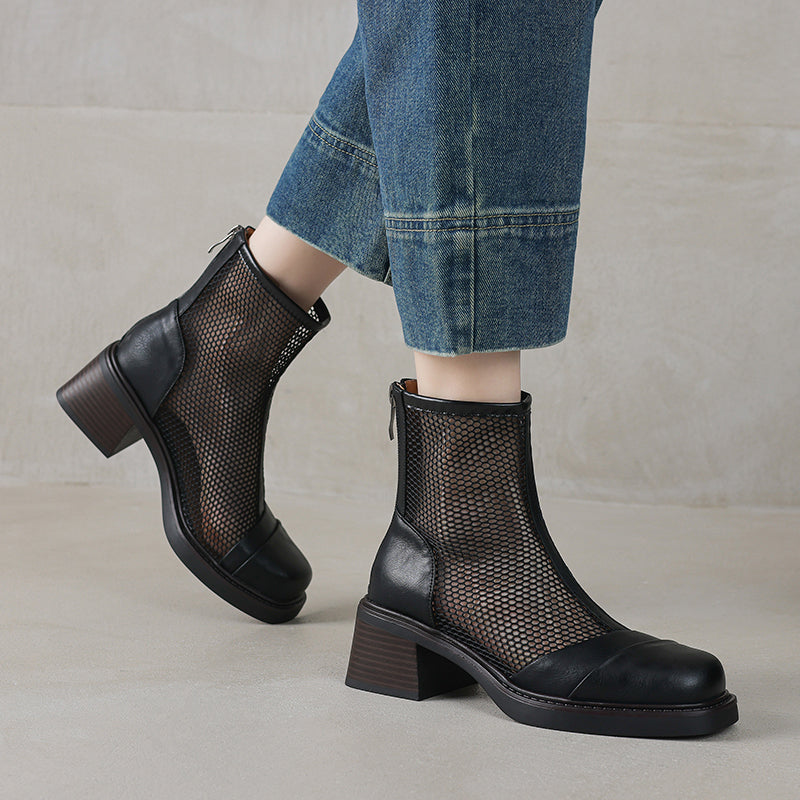Women's Summer Square Toe Leather Platform Chunky Heeled Mesh Boots