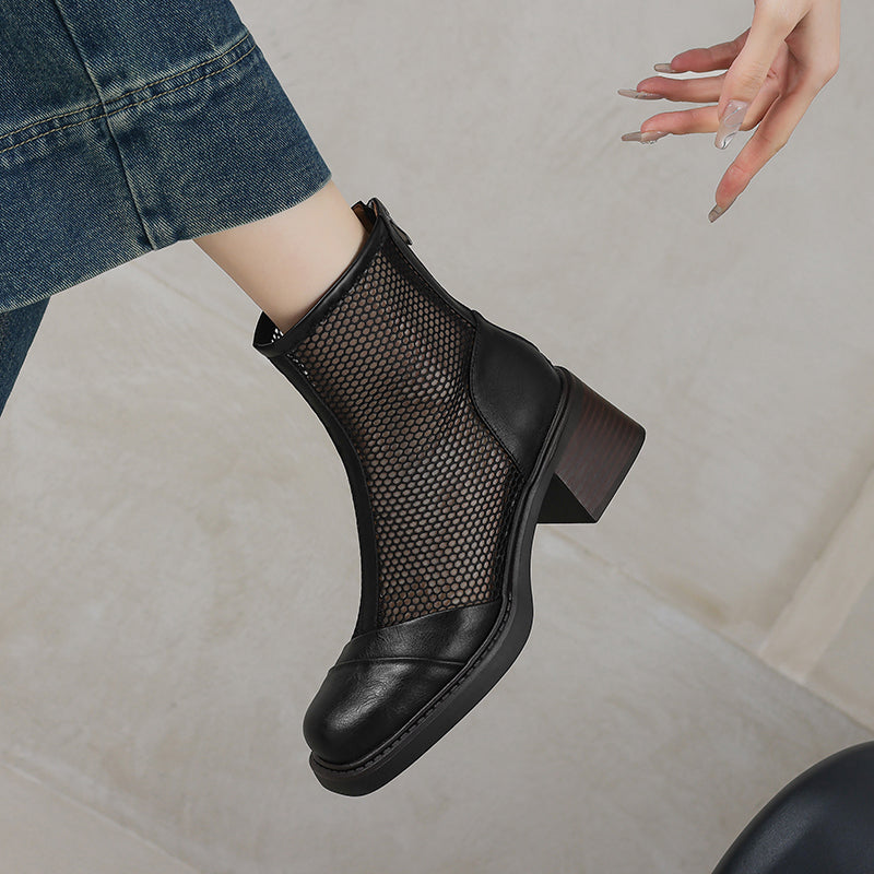 Women's Summer Square Toe Leather Platform Chunky Heeled Mesh Boots