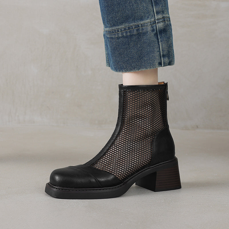 Women's Summer Square Toe Leather Platform Chunky Heeled Mesh Boots