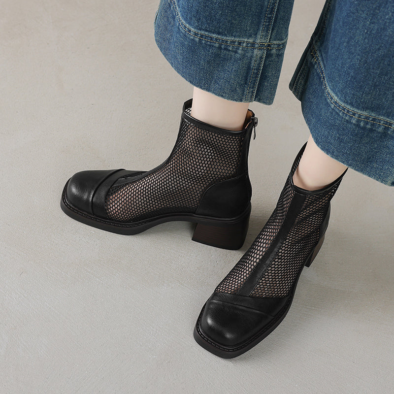 Women's Summer Square Toe Leather Platform Chunky Heeled Mesh Boots