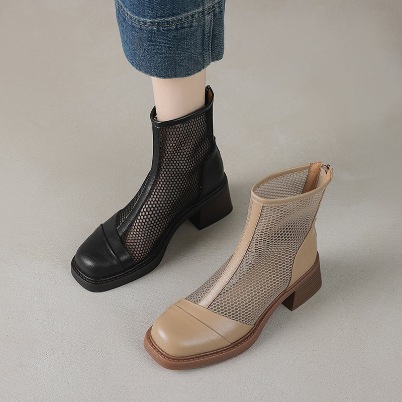 Women's Summer Square Toe Leather Platform Chunky Heeled Mesh Boots