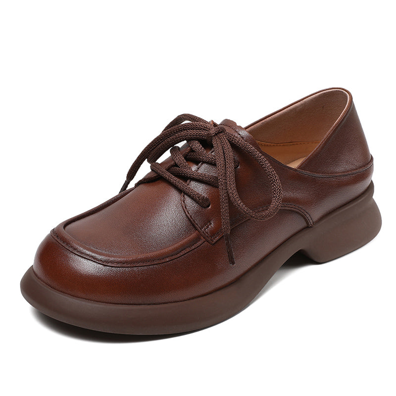 Women's Leather Comfortable Casual Chunky Heel Lace-Up Shoes