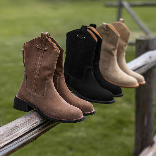 Women's Handmade Cow Suede Block Heel Low Western Boots