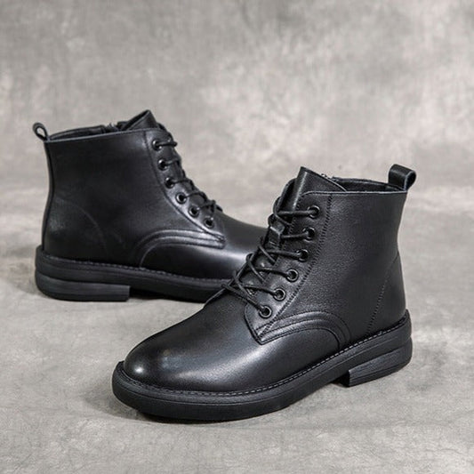 Women‘s Leather Casual and Light Lace-up Zipper Ankle Boot