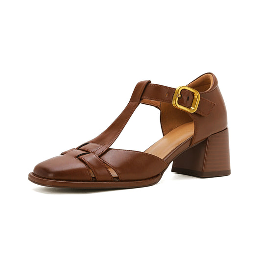 Retro Square Toe Closed Toe Sandals for Women – Mid Block Heel, Velcro Closure